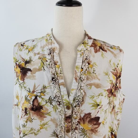 Van Heusen Cream Brown Green Yellow Floral Linen Blend Vintage Top Shirt Large - Picture 2 of 6